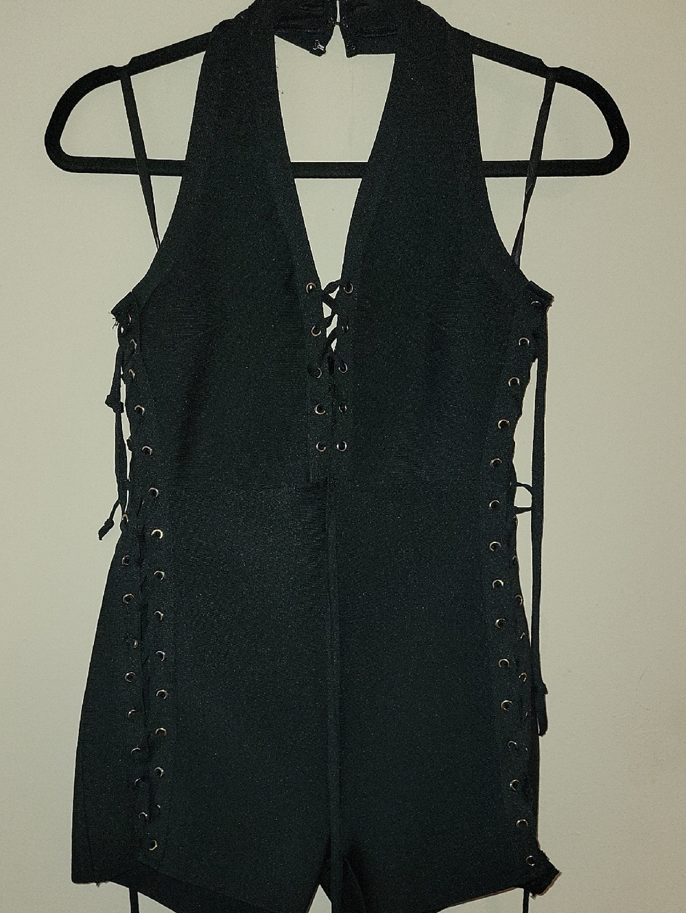 Black Lace-Up Halter Romper with Side Eyelet Detail